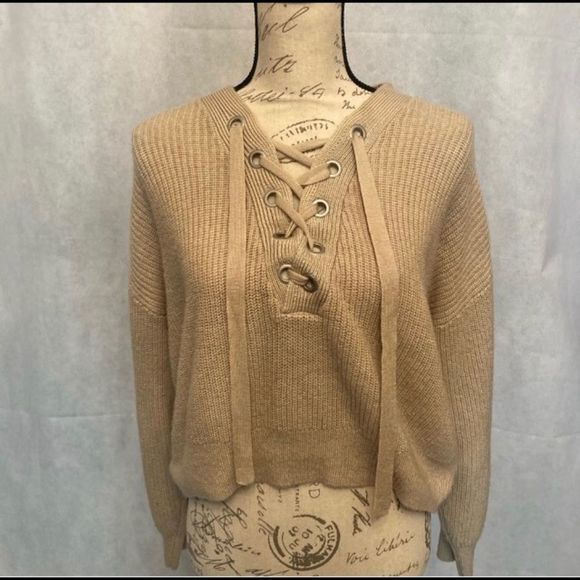 Sweaters - Tan beige sweater, tie up, soft material, machine washable.